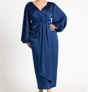 Eloquii Deep Blue Satin Puff Pleated Long Sleeve Dress, Size 14